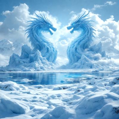 Primary subject: Two blue dragons facing each other.
Setting/background: A frozen landscape with mountains in the background.
Visual style: Digital art.
Colors and mood: The dragons are blue, and the overall atmosphere is cold and icy.